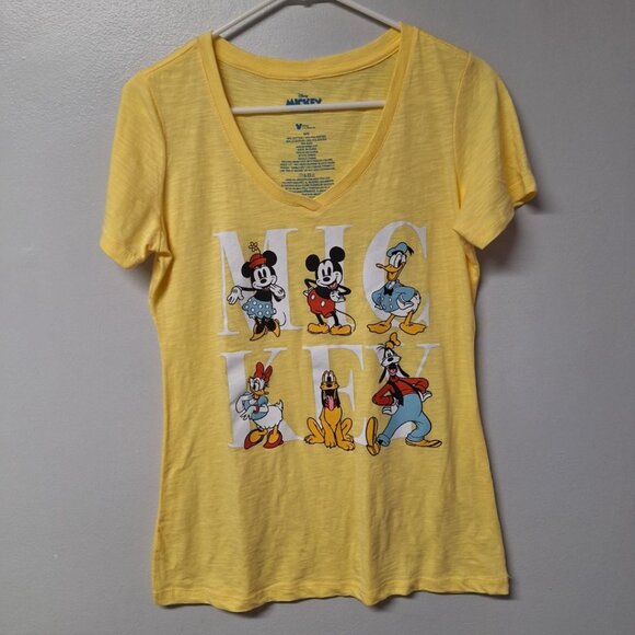 Disney Mickey and Friends Tee Shirt V Neck Womens Medium‎ Yellow Minnie Goofy - Picture 6 of 6